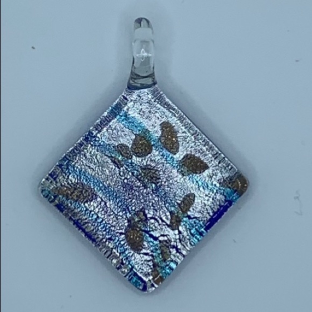 Vintage art glass pendant Silver & Blue  Diamond Shaped Necklace